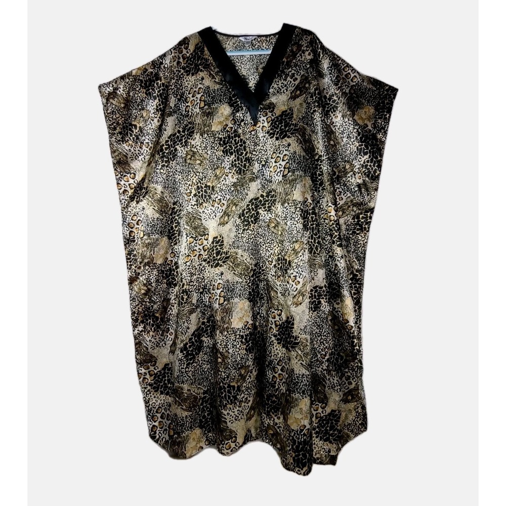 Winlar Dress Womens Plus Cheetah Animal Print Satin Muu Muu Kaftan V Neck Maxi